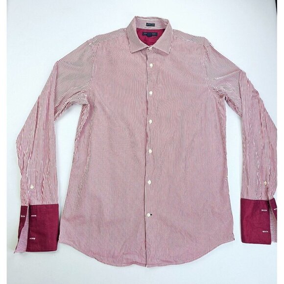 Banana Republic Fitted Size 16-16.5 Tall Large Mens Red White Stripe French Cuff - Picture 1 of 13